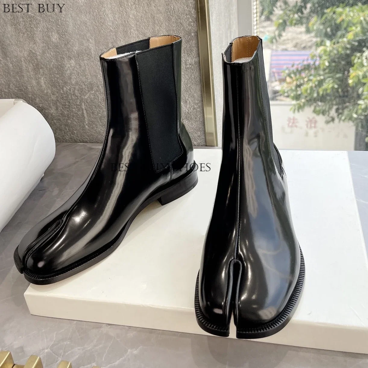 

British Style Ankle Boots For Women Split Toe Stretch Solid Color Mid Heel Patent Leather Matte Round Toe Female Shoes Concise