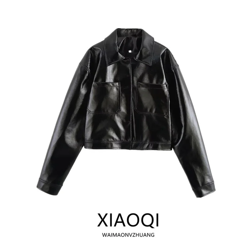 Fall Winter New Arrival Women's Casual Long Sleeve Stand Collar Faux Leather Jacket Outerwear Straight Cut Versatile Style