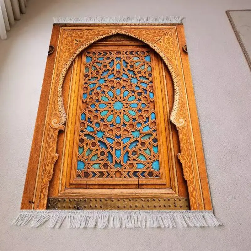 VIKAMA Foldable Portable Muslim Prayer Mat, Classic Moroccan Geometric Arch Pattern Rug, Non-Slip Worship Mat for Home Decor
