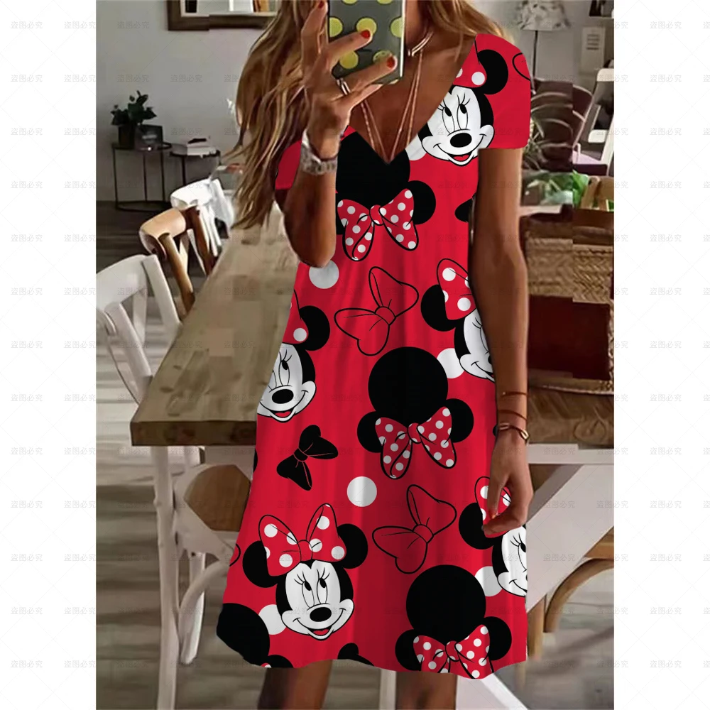 

Ladies Beach Dress Disney Mickey and Minnie Women Dress Summer Fashion Kawaii Print Cute Loose Seaside Casual Outdoor