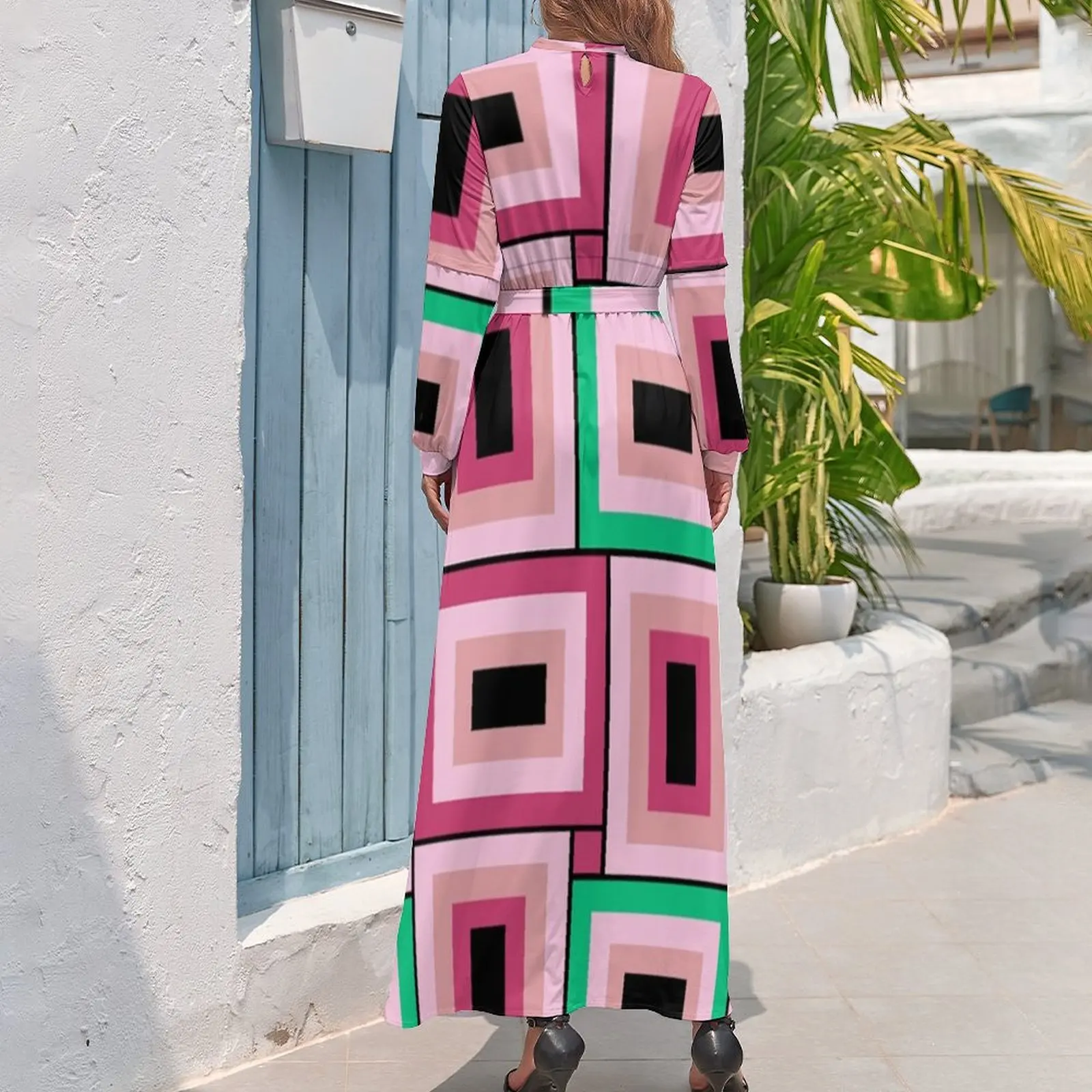 Mid-Century Modern Pink And Green Rectangles Pattern Long Dress african dresses for woman dress for women