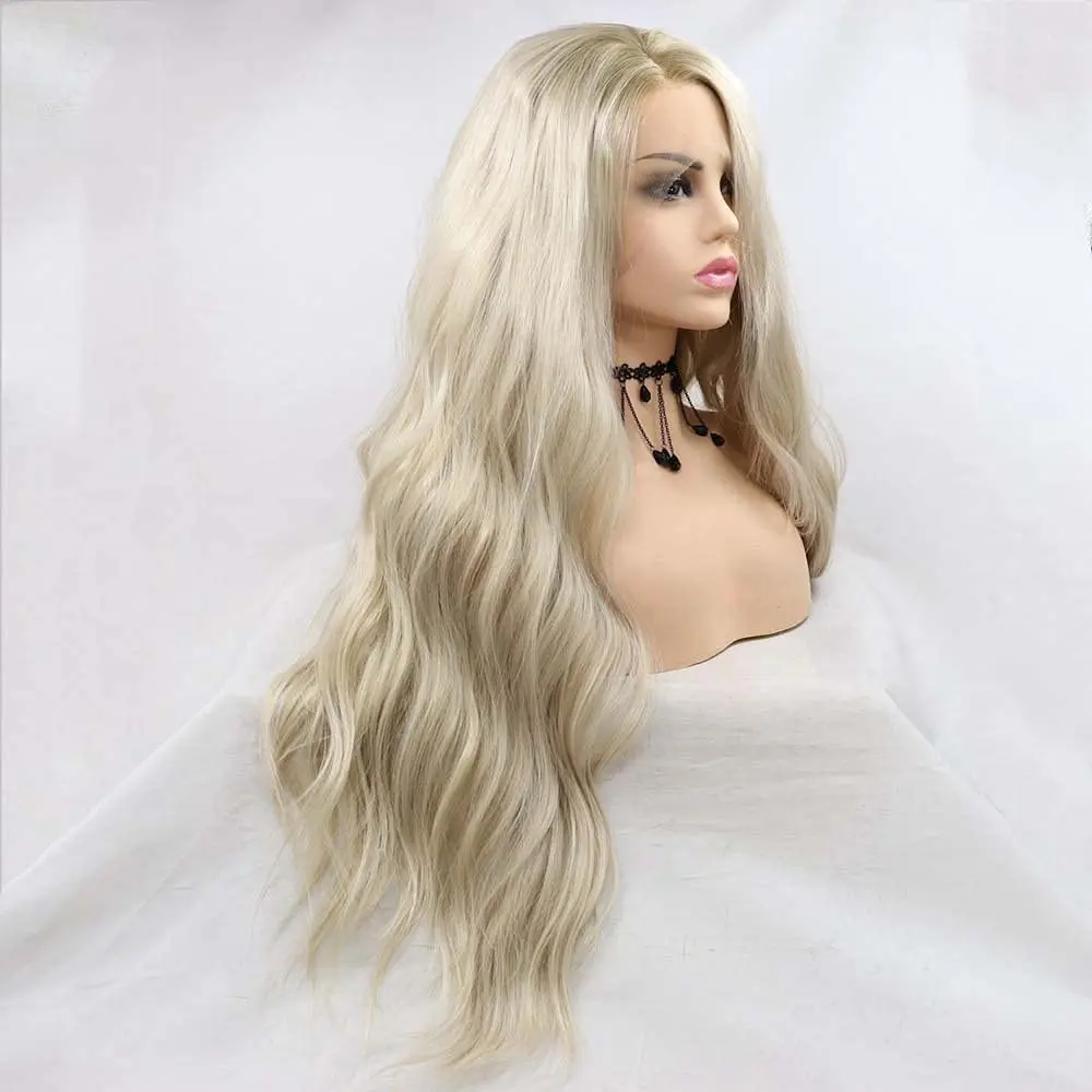 Parrucche bionde Sylvia Parrucche bionde anteriori in pizzo sintetico con radici marroni Parrucche ondulate lunghe sciolte in fibra resistente al calore Riga centrale