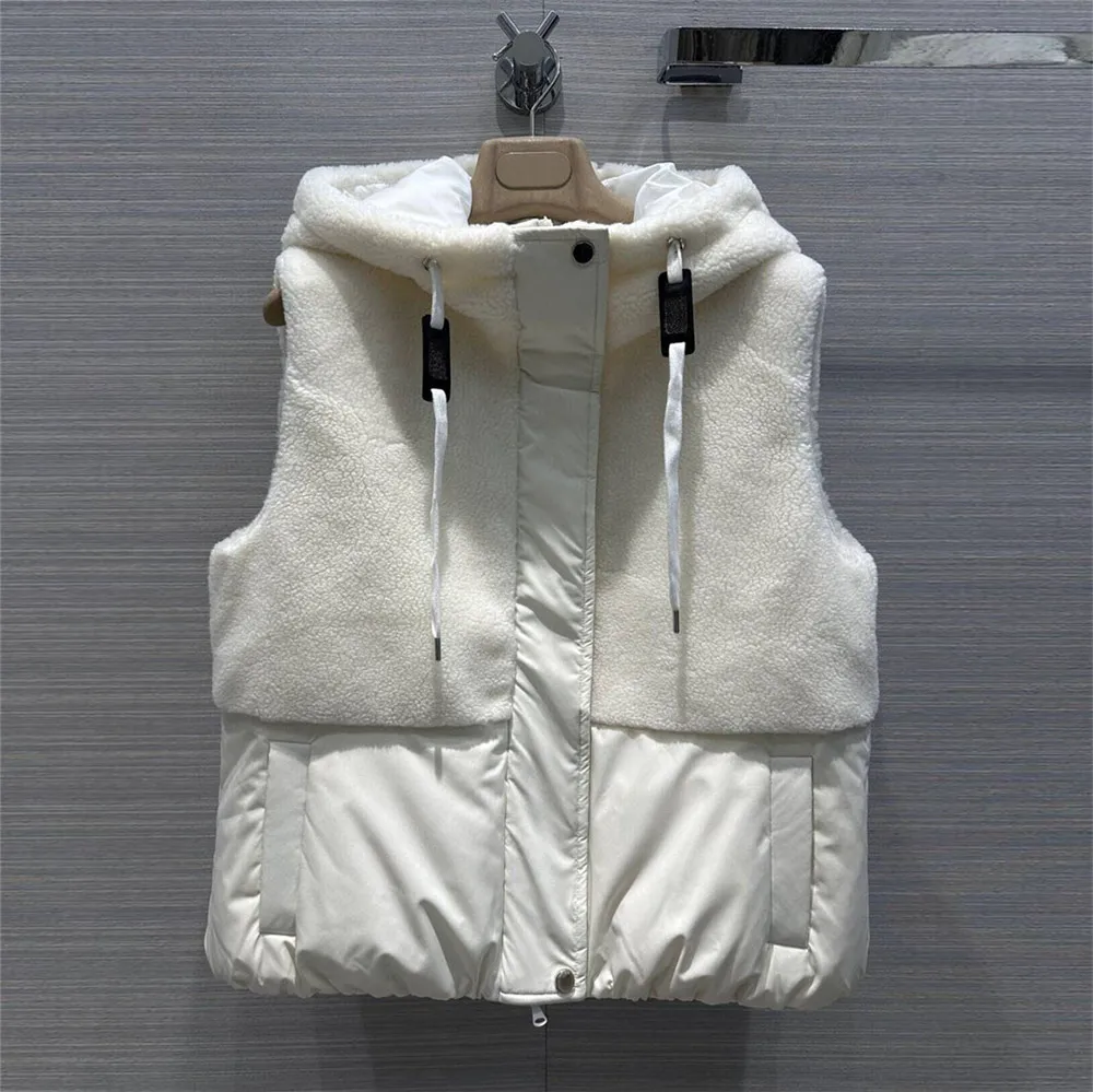 B*C New Hooded Beading Chain Goose Down Vest Women Winter Fashion Warm Wool Patchwork Zipper Sleeveless Vest