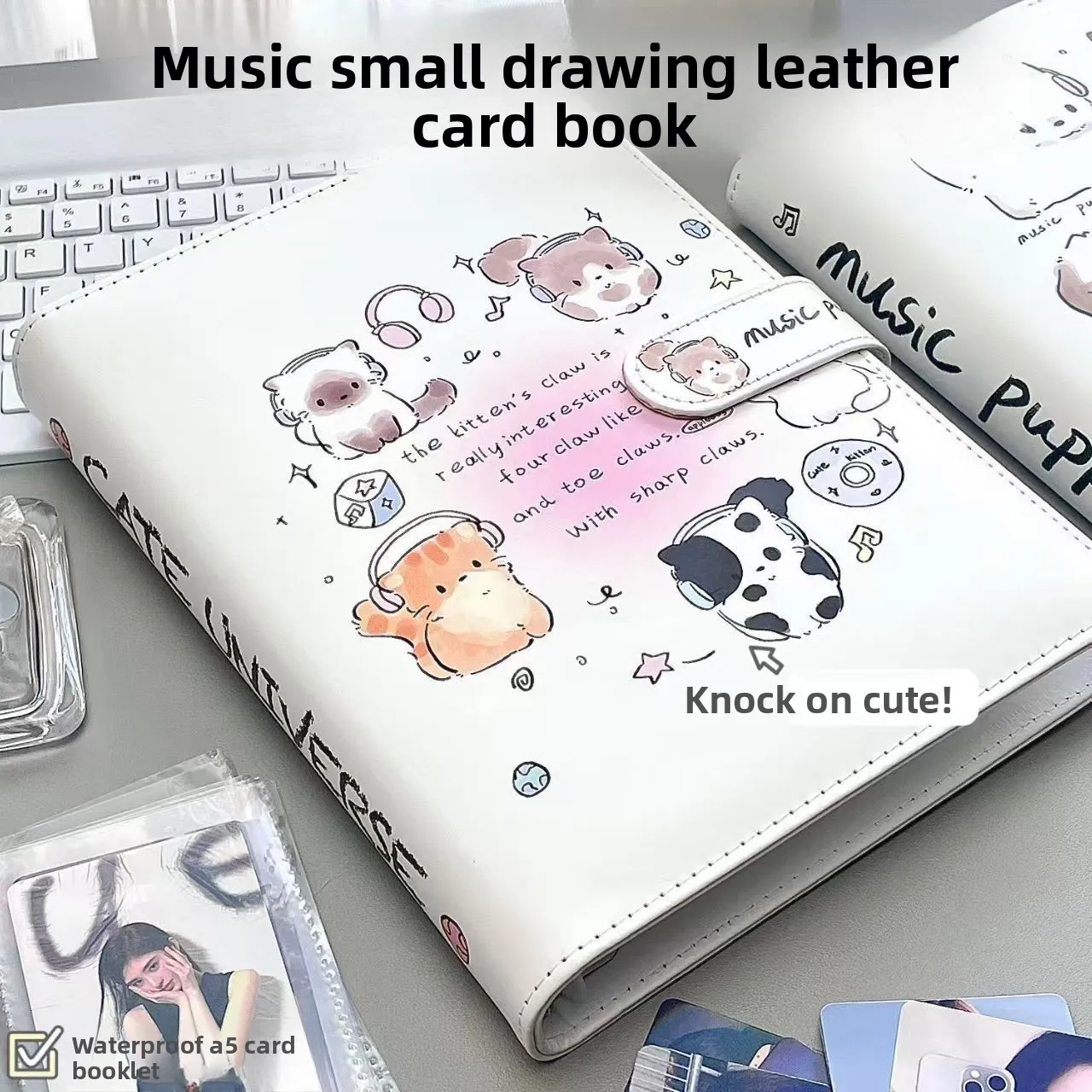 Music Cat Card Album Magnetic Closure A5 Four Grid Loose Leaf 3 Inch 5 Inch Laminated Niche Leather Storage Journal Stylish