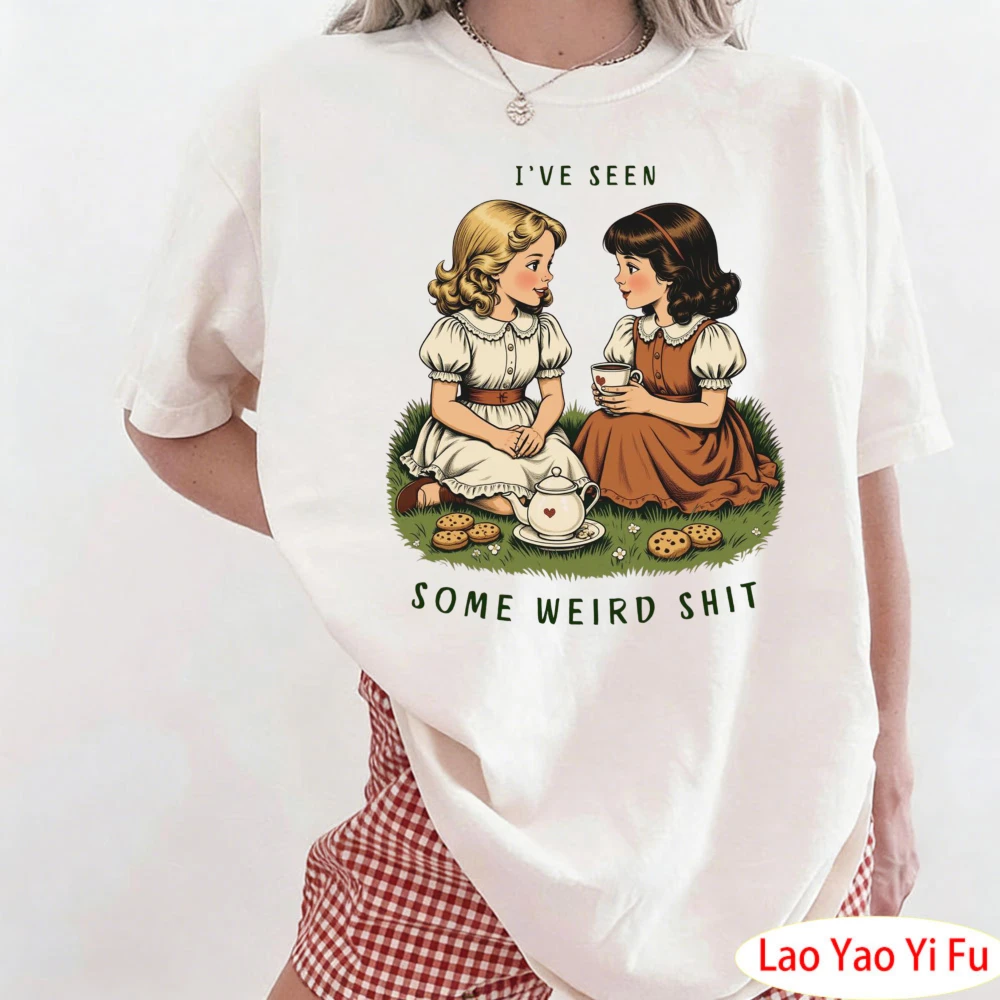 Girl Tea Party Print Tops I've Seen Some Weird Shirt Weird Tea Party Tee Creepy Cute Girls Tops Storybook Humor Clothes