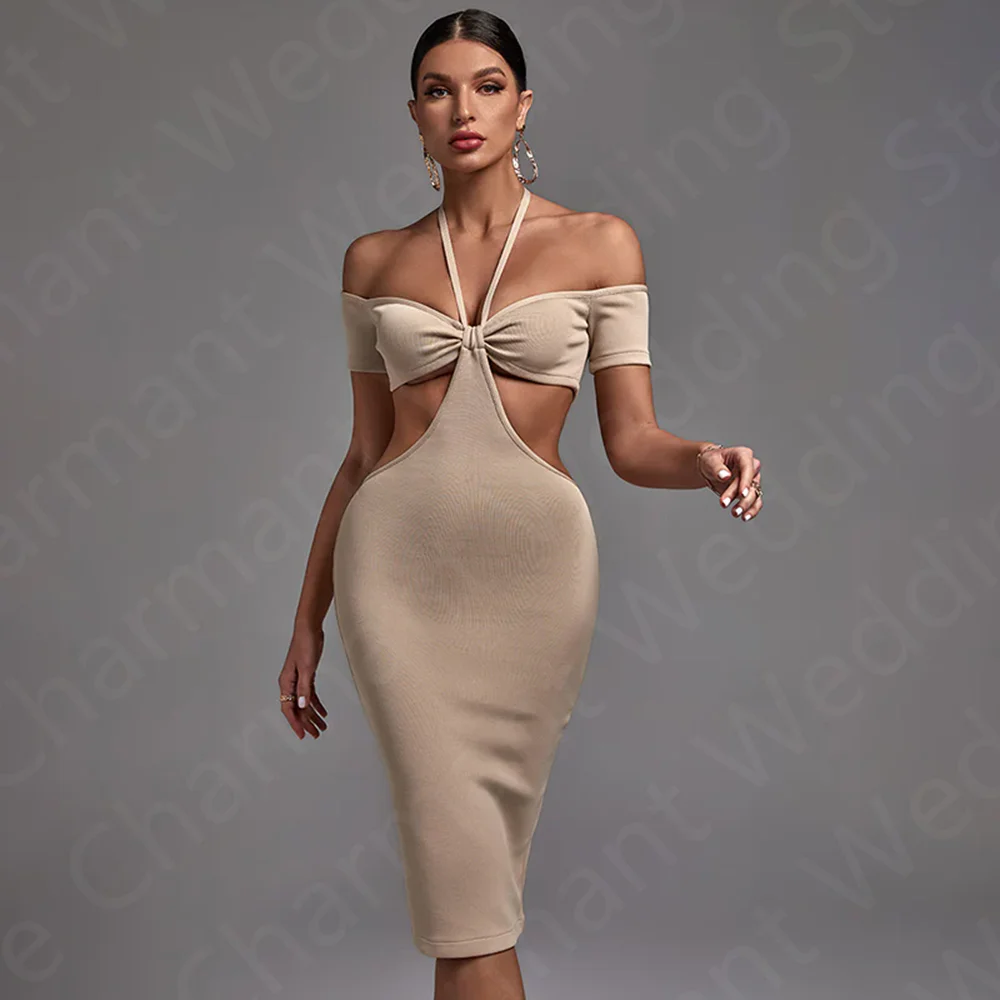 Latest Sexy Homecoming Gowns Nude 2024 Cocktail Party Dress Mid Calf Length Halter Neck Wedding Guest Gowns Off Shoulder On Sale