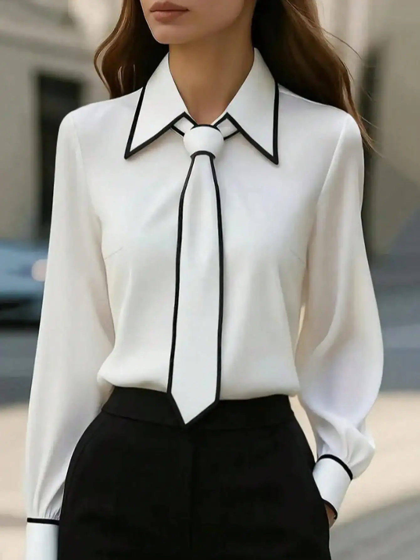 

Women's White Long Sleeve Blouse with Black Trim & Knotted Tie Detail