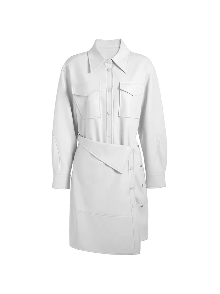 

Nerazzurri Autumn White Pu Leather Coat Women Turn-Down Collar Chic Elegant Chic Luxury Designer Runway European Fashion Clothes