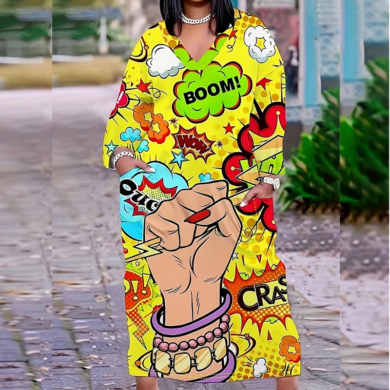 

Элегантное женское платье больших размеров с цветочным принтом и V-образным вырезом, подходящее для повседневной носки