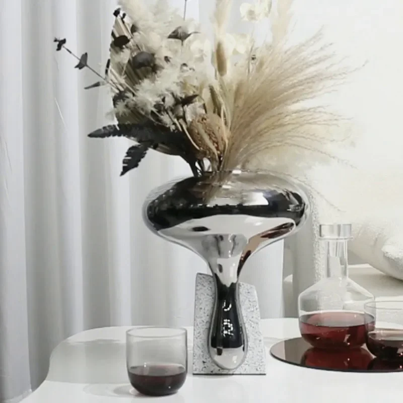 Mirror Water Droplet Glass Vase, Terrazzo Base, Flower Arrangement, Glass Container Decoration Ornament, Home Decoration