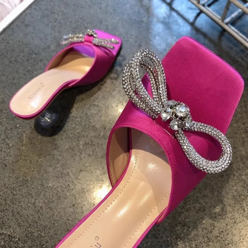 New Rhinestone Butterfly Knot Slippers Fine Heel Sandal Women Crystal Fairy Pink Blue Bow Diamond High Heel Mule Shoes For Party