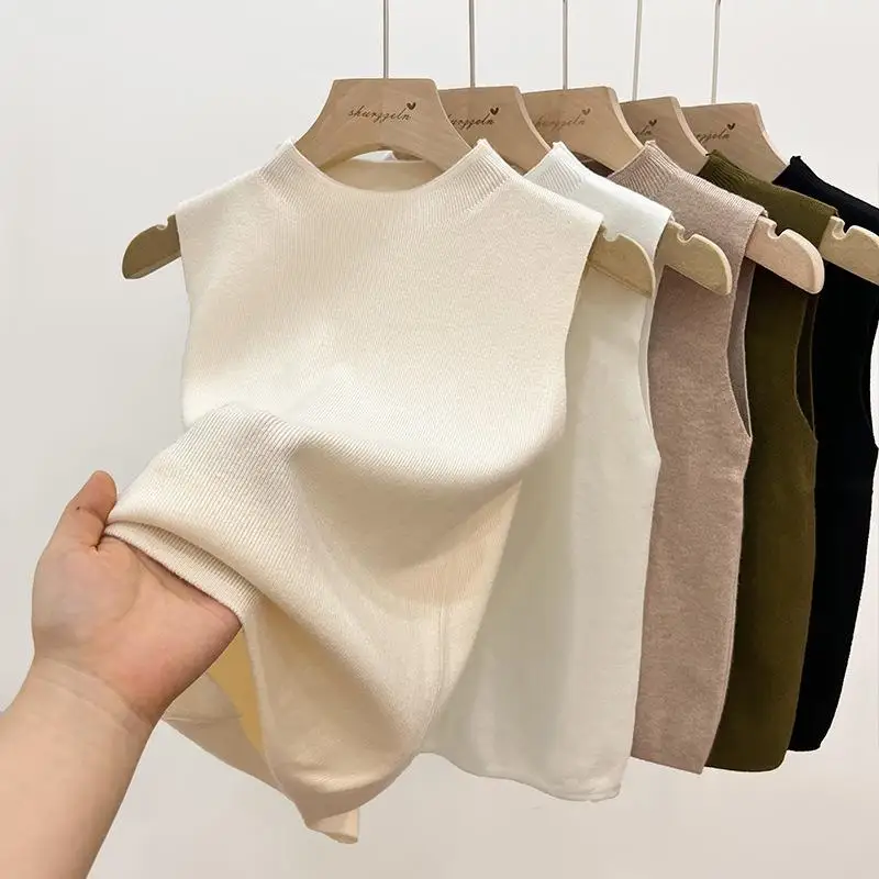 Herbst Gestrickte Tanks Top Frauen Ärmellose Gestrickte T-Shirts Weibliche Pullover Dünne Beiläufige Westen Crop Tops Half Neck Pullover Tops