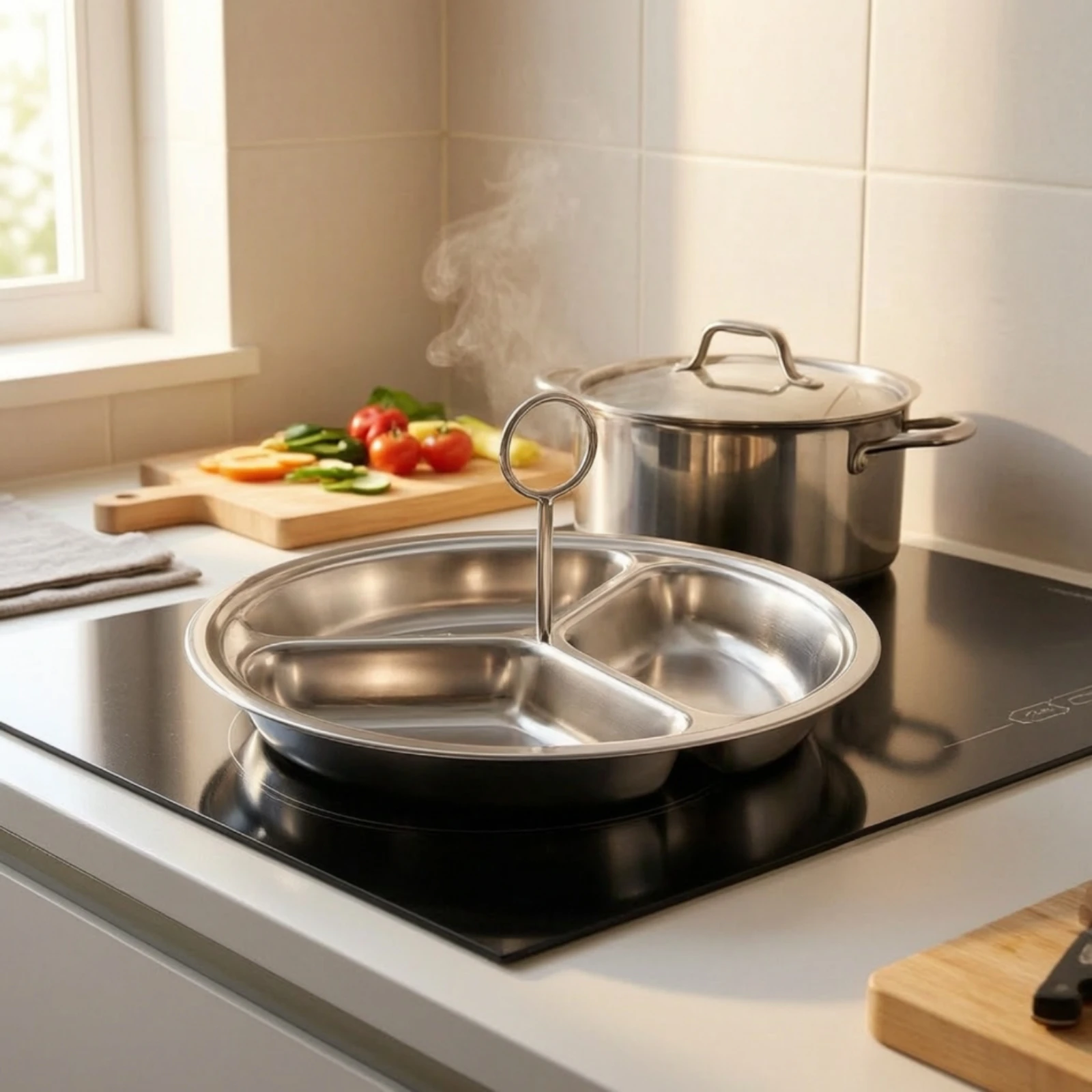 Stainless Steel Steaming Dish Heat-Conductive Divided Steaming Tray Divided Steamer Tray Food-Grade Rust-Resistant