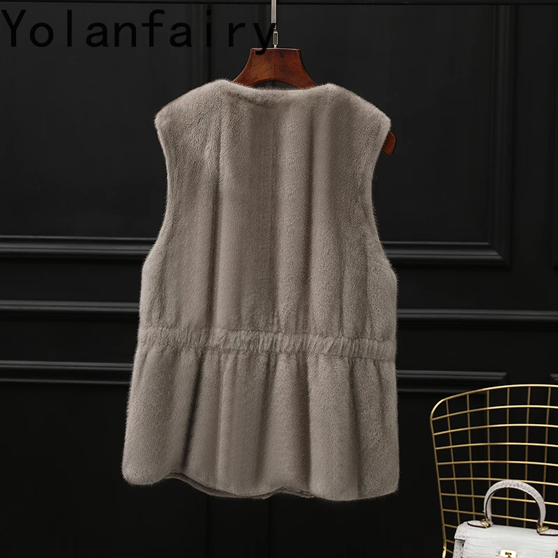 YOLANFAIRY 高品質 ミンクファーコート レディース 秋冬 天然毛皮ベスト ノースリーブ Oネック ショートファーベスト 2025