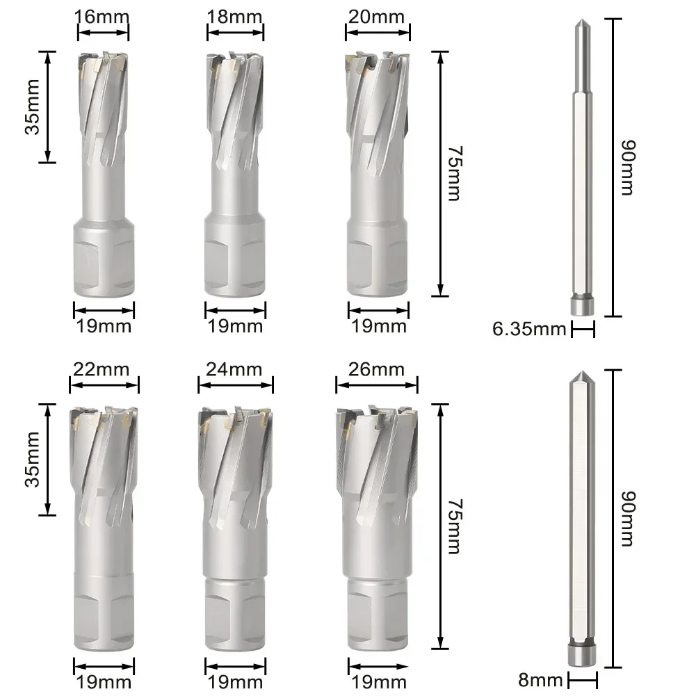 6Pcs 16-26mm *35mm TCT Annular Cutter Magnetic Hole Saw Set For Iron Stainless Steel Drilling Carbide Hollow Core Drill Bits