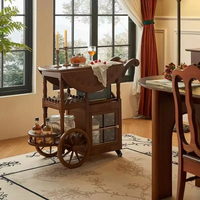 American retro removable folding small side table cart French medieval style coffee table tea table dining car household tea