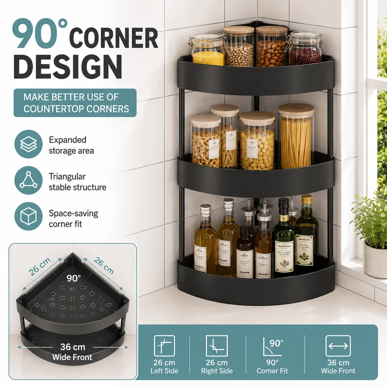 2/3Tiers Kitchen Desktop Corner Spice Rack Plastic Triangle Countertop Storage Shelf for Condiments Bottles Pantry Organizer - view 4