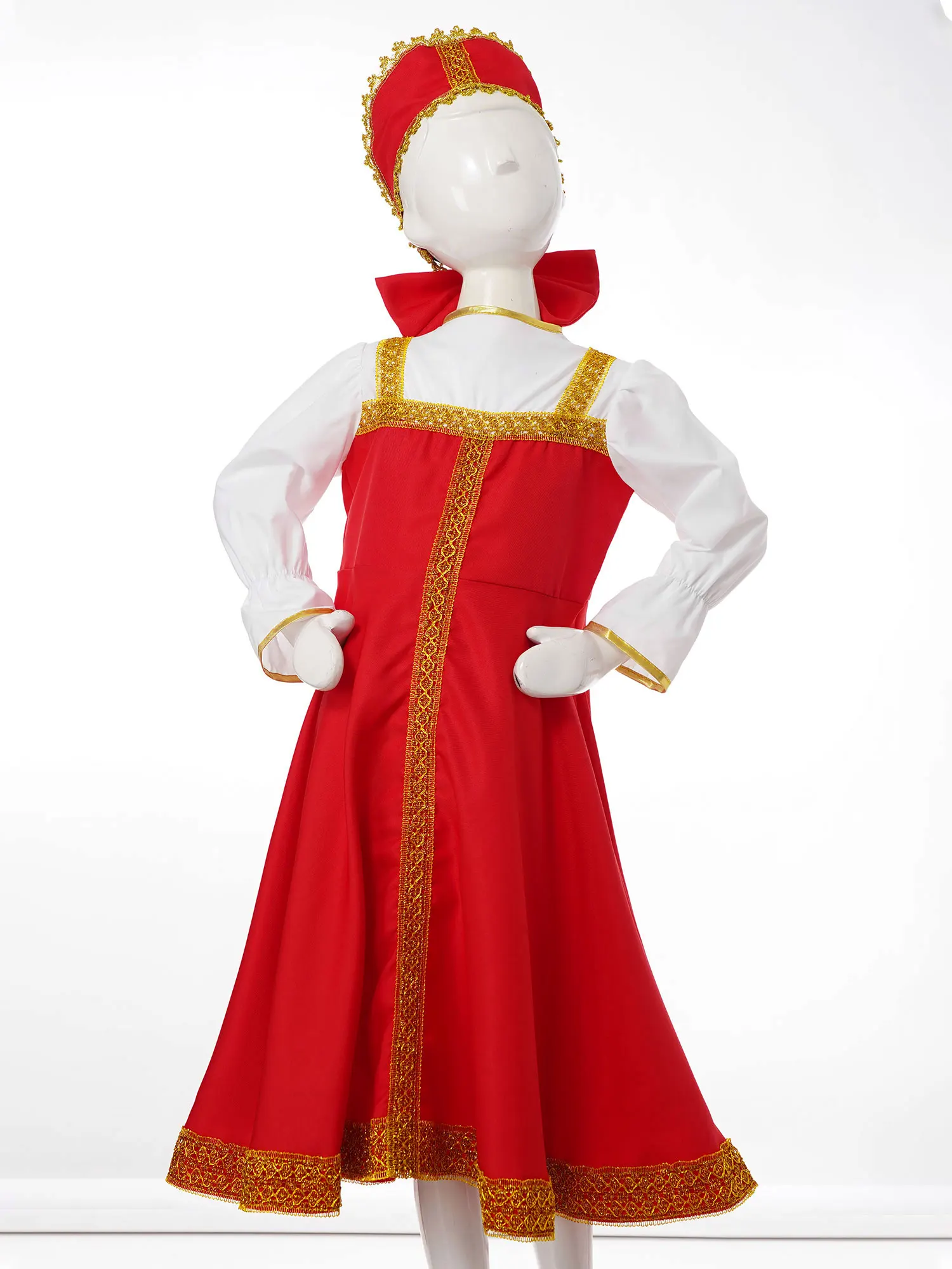 Bambini ragazze Costume tradizionale russo manica a sbuffo rossa ricamo oro lunghezza al ginocchio vestito + copricapo Halloween Cosplay Party Dress