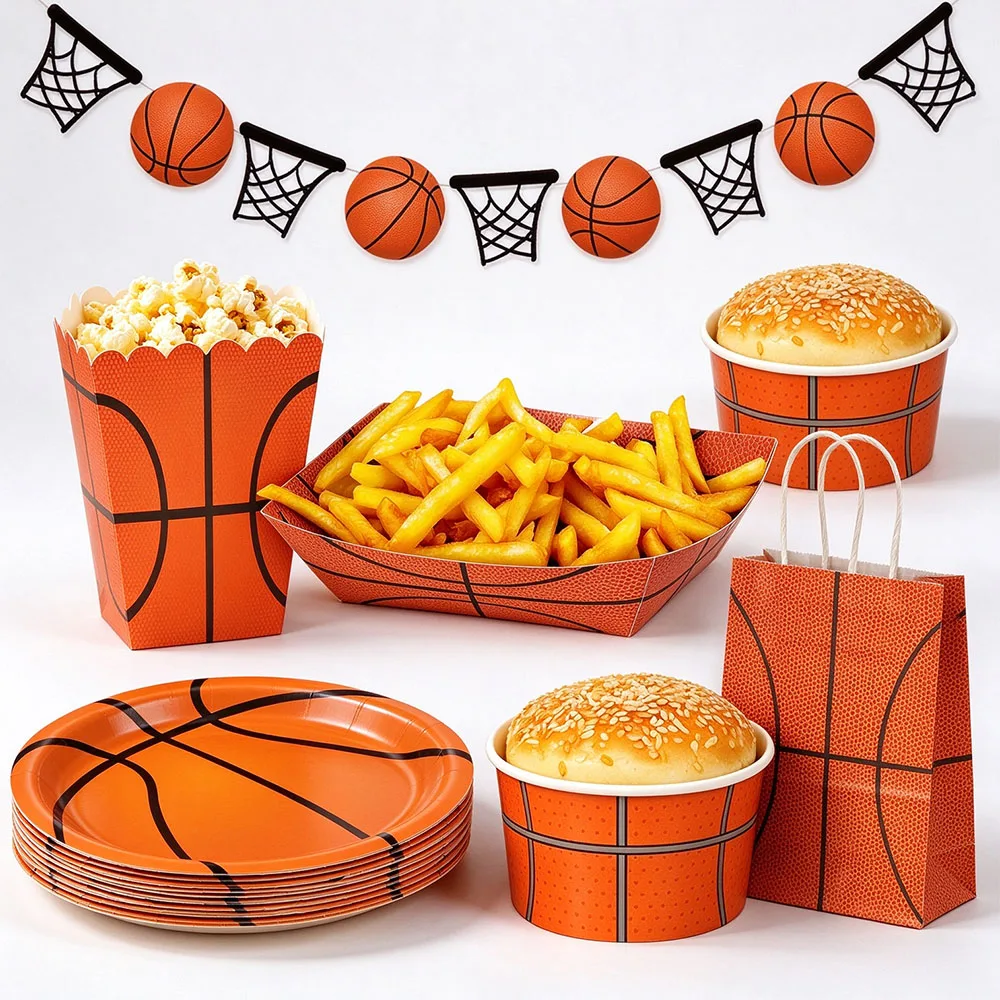 Basketball Theme Birthday Party Supplies Disposable Tableware Paper Plates Food Tray Popcorn Box Snack Boxes Treat Bags Banner