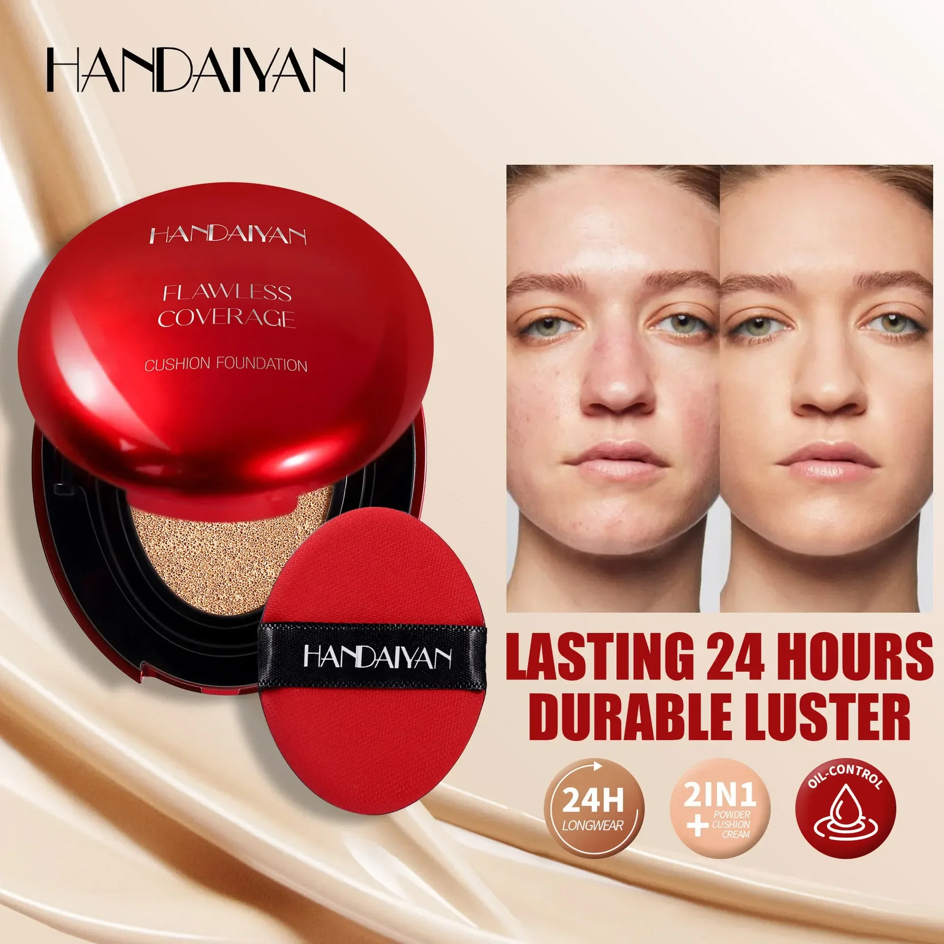 Base de Maquiagem Coreana com Efeito Air Cushion - Corretivo Hidratante Natural Leve, Clareador e Controlador de Oleosidade, Base de Maquiagem Feminina de Longa Duração