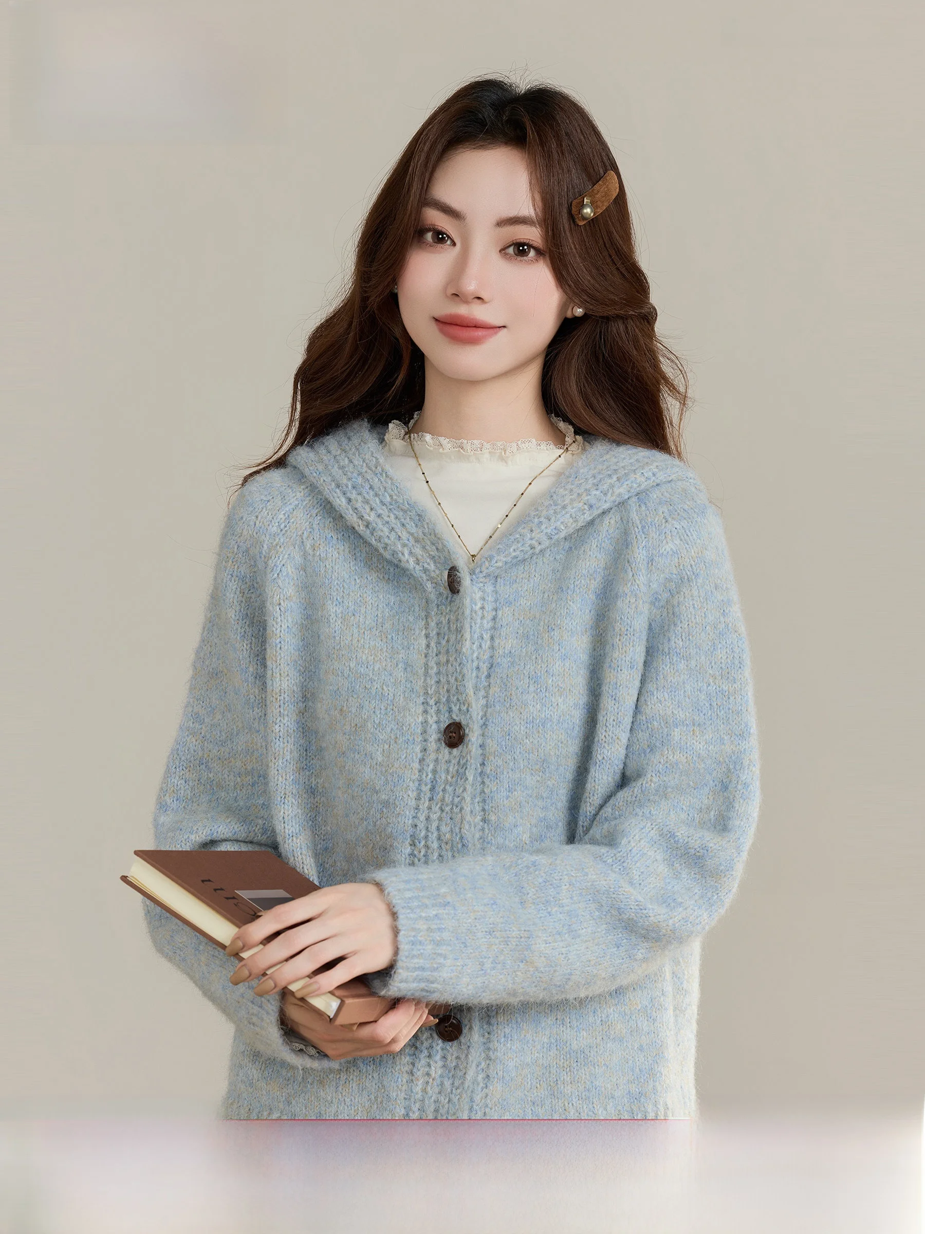 

Blue Hooded Sweater Coat Lazy Sle Women's Small Size Winter New Arrival Lingjiu Warm And Soft Time Series Foldable Cardigan