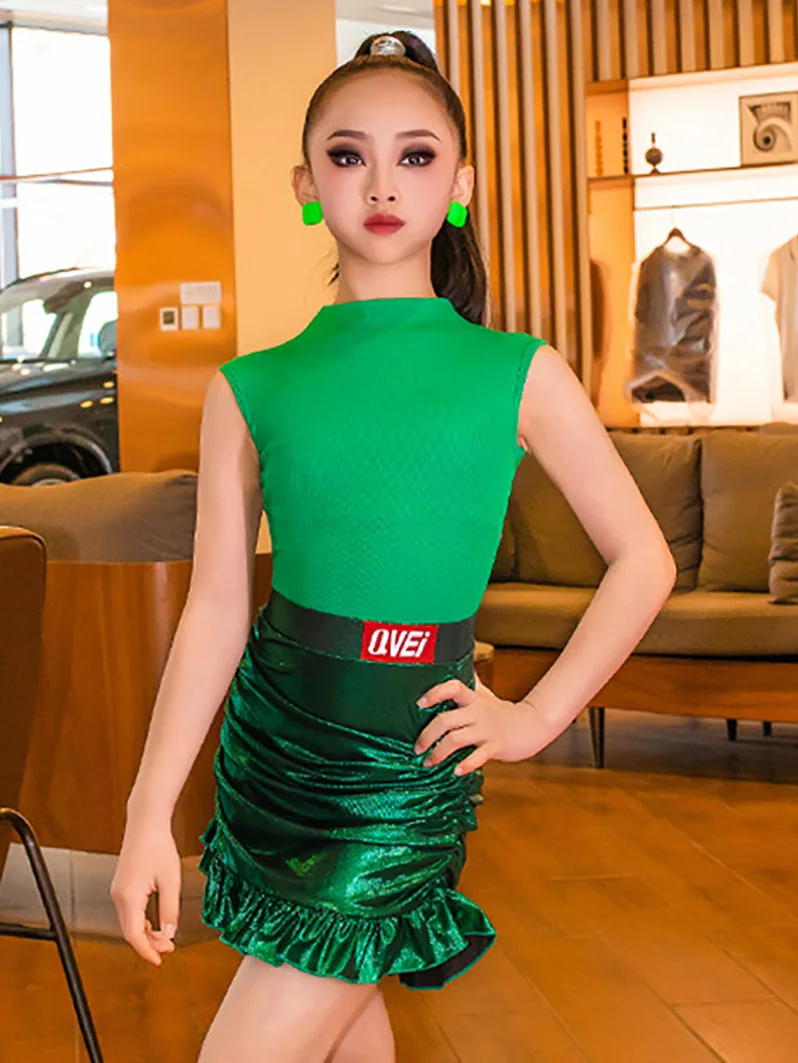 Kids Girls Latin Dance Costumes Sleeveless Bodysuit and Gather Shiny Thread Skirts Sets Children's Rumba Performance Dancewear