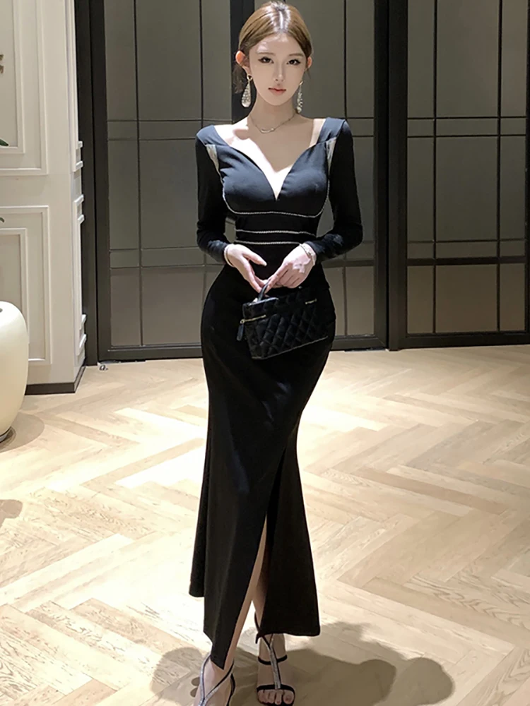 Black Patchwork Hollow Out Sexy V-Neck Dress for Women 2025 Korean Vintage Luxury Dress Autumn Winter Elegant Bodycon Prom Dress