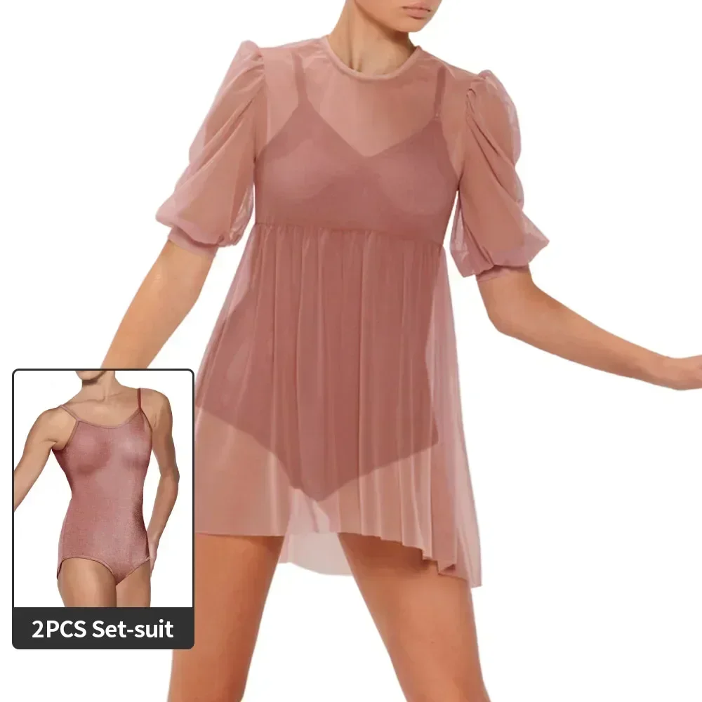 MiDee – robe nuisette en maille 2 pièces, avec justaucorps assorti, jupe pull, manches bouffantes, Costume de danse de Ballet lyrique moderne