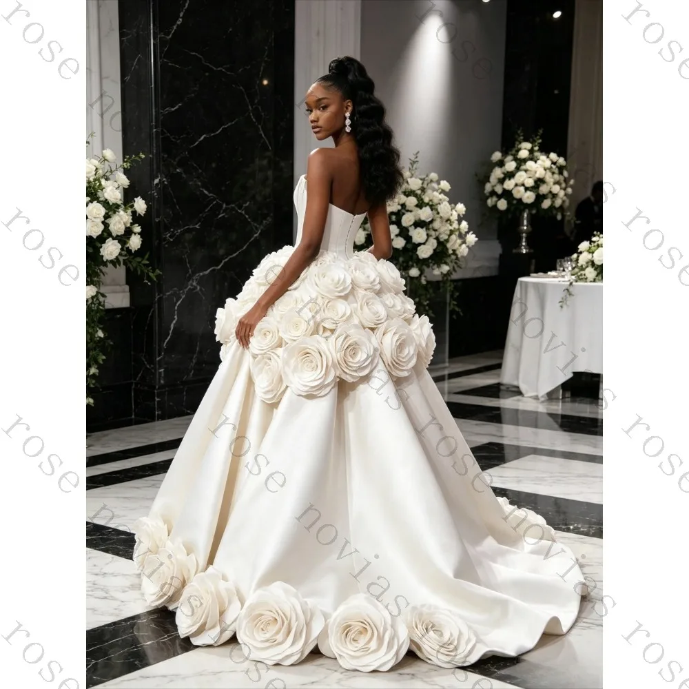 Customized Luxury 3D Floral Rose High Low Satin Bridal Gown Deep V Strapless Backless Runway Wedding Dress Vestido De Novia
