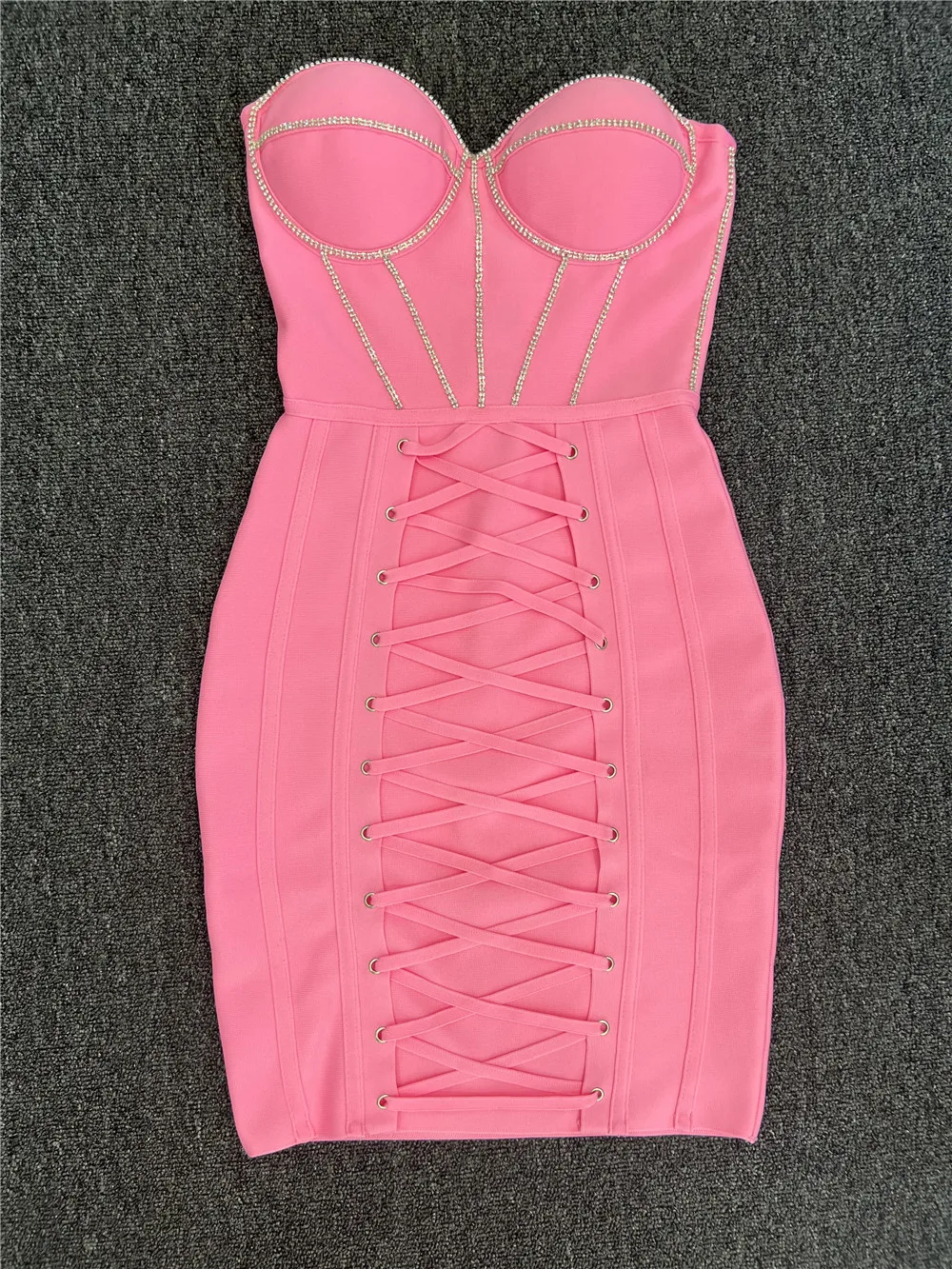 4 Kleuren Vrouwen Zomer Strapless Jurk Sexy Elastische Bodycon Diamonds Laced Up Mini Bandage Jurken High Street Uitgaan Party