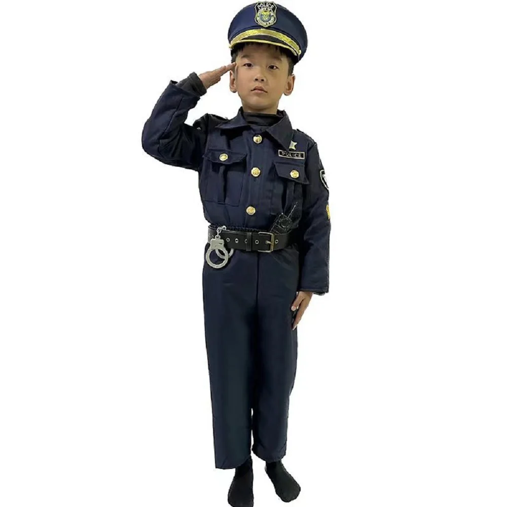 Uniforme de policier de haute qualité pour garçon, costume d'Halloween, cosplay, mignon, imbibé d'accessoires, bleu