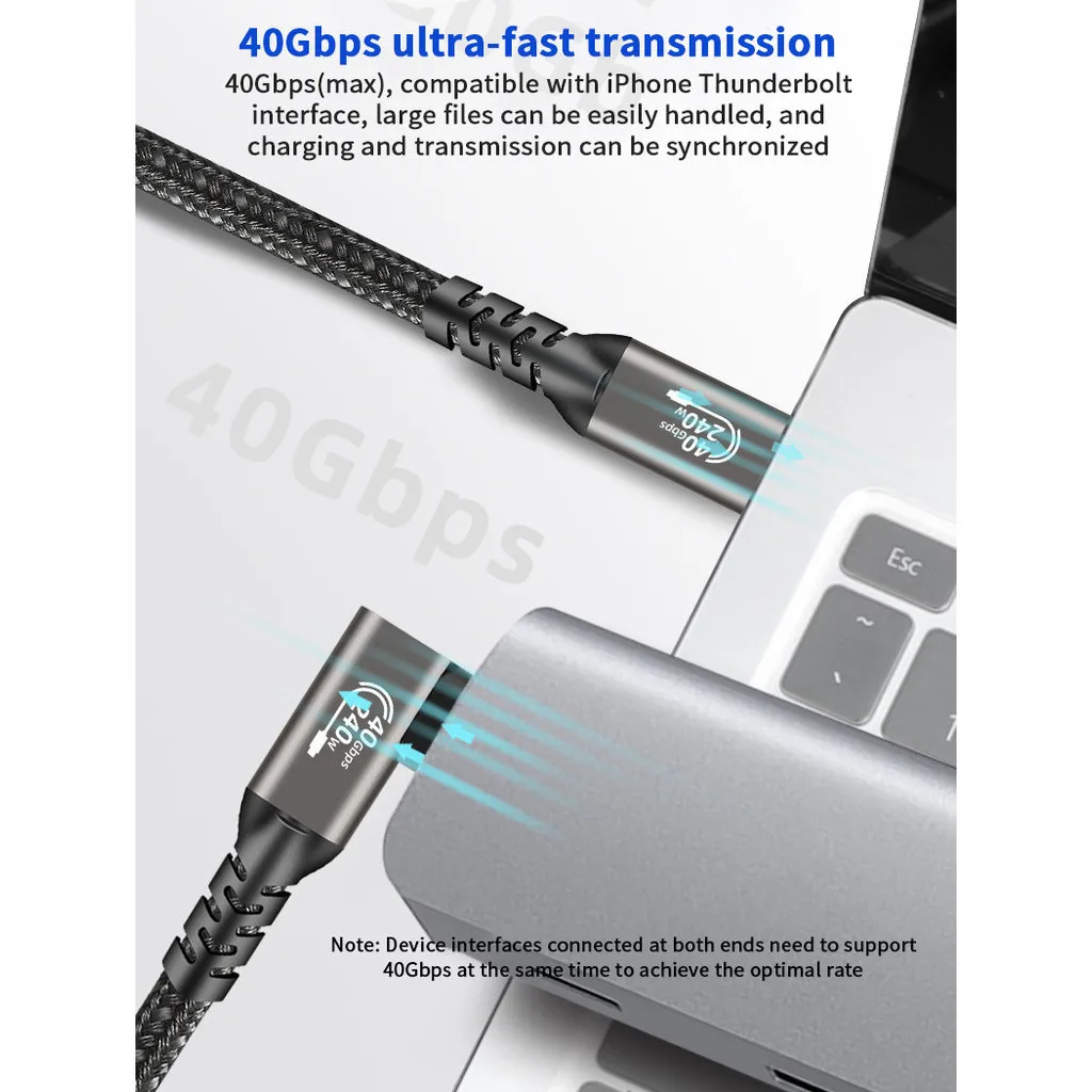 كابل Hannord Thunderbolt 4 90 درجة USB 4 من النوع C إلى USB C 40 جيجابت في الثانية 8K PD 240 وات سلك بيانات سريع الشحن لجهاز Macbook Pro iPad SSD