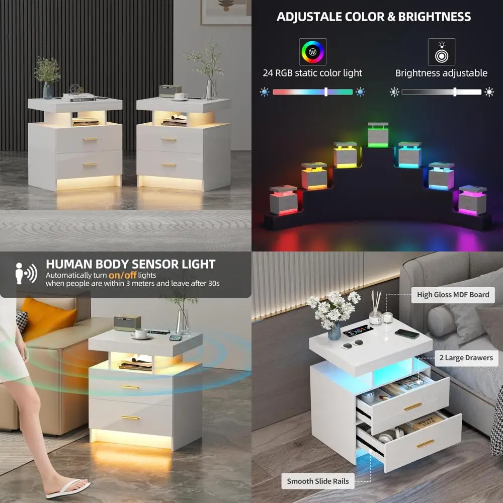Modern 24-Color Dimmable LED Nightstand Set with 2 Drawers and Charging Station