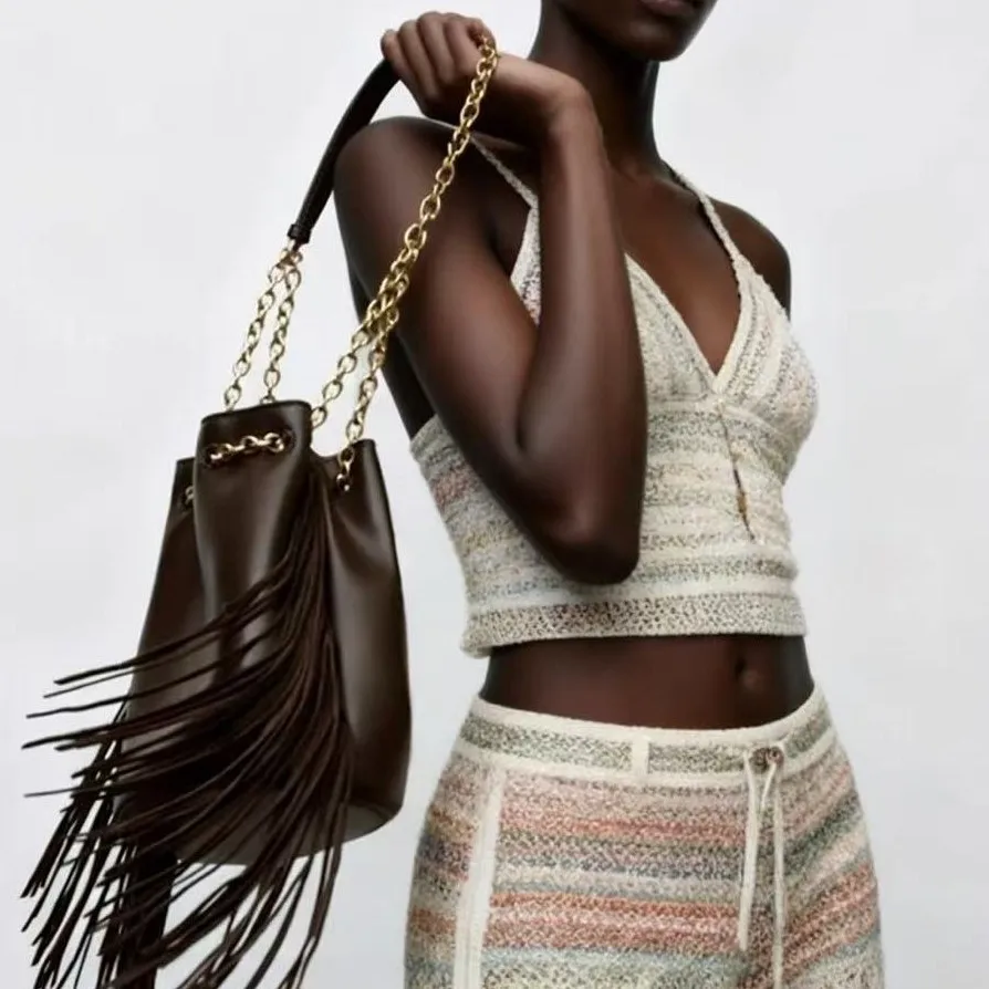 

Модная сумка-ведро с кисточками и цепочками, сумки на шнурке для женщин, сумка на плечо из искусственной кожи, женские кошельки высокого качества, новая сумка-тоут