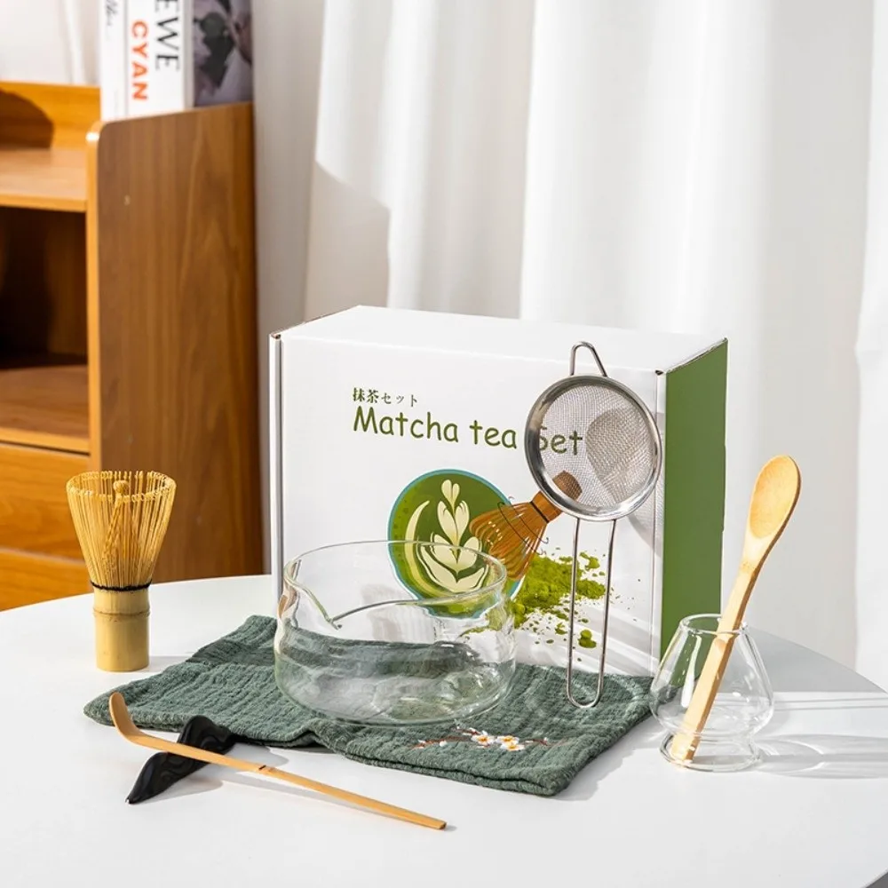 New Transparent Glass Matcha Bowl with Pouring Spout Smooth Japanese Tea Set Reusable Matcha Whisk Set Tea Lovers