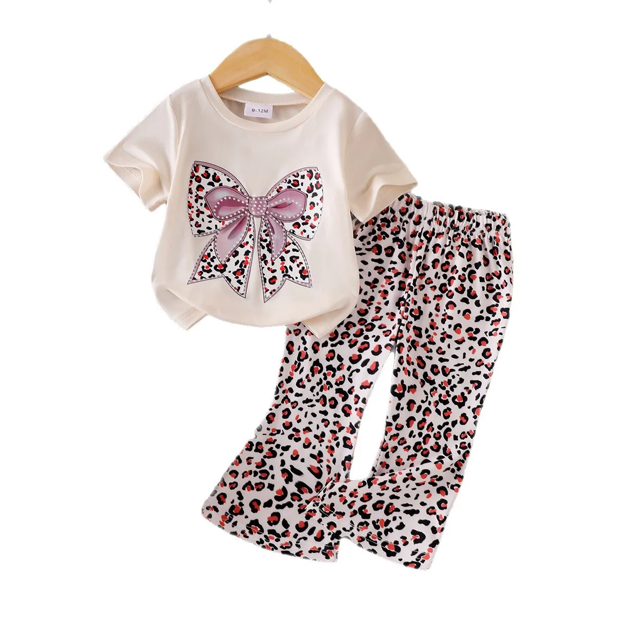 2Pcs Set Baby Girl Clothes Summer Short Sleeve Leopard Bow Print Round Neck T-shirt Tops + Flared Pants Newborn Girls Outfit