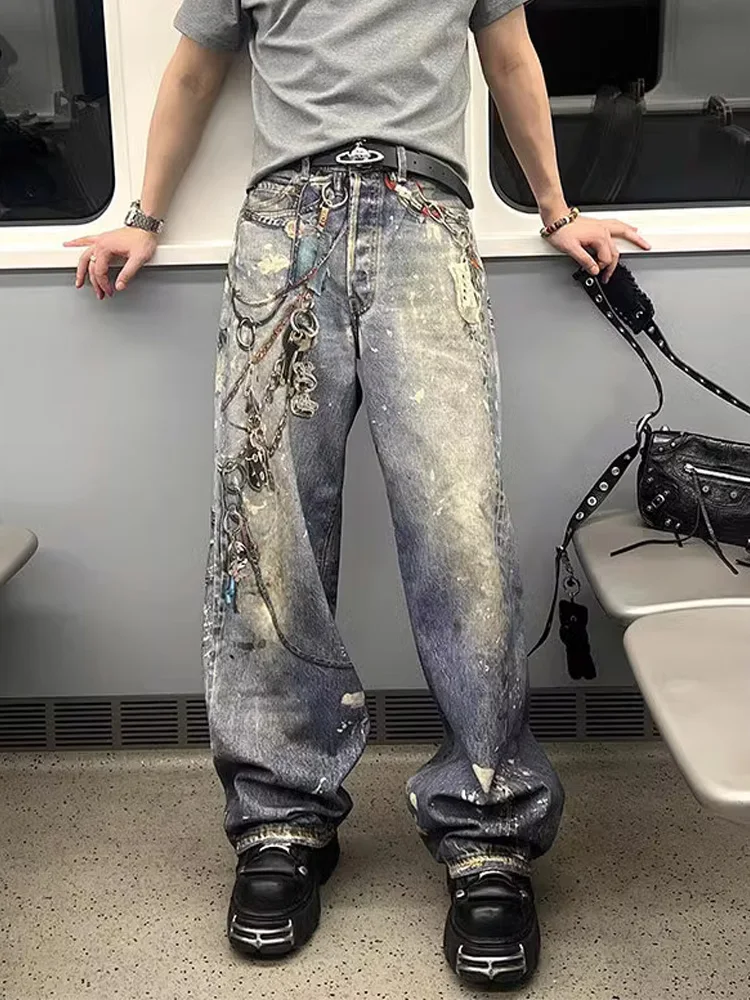 

Мужские широкие джинсы с 3D цифровым принтом и цветочным принтом, крутой дизайн Haome, длинные брюки с высокой талией, американские свободные брюки, прямая трубка