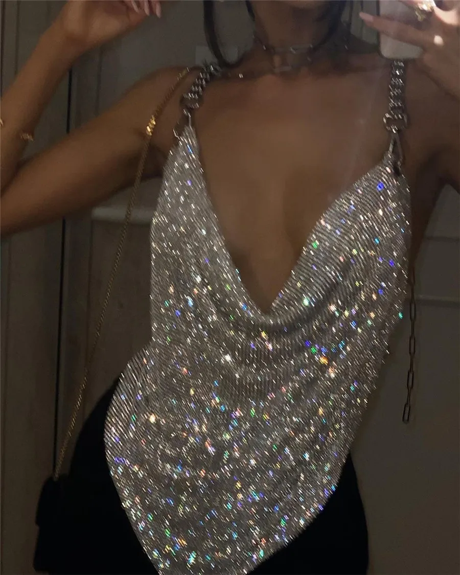 Shiny Rhinestone V Neck Tank Top 2025 Sexy Backless Metal Chain Spaghetti Straps Sling Camisole Women Nightclub Party Crop Top