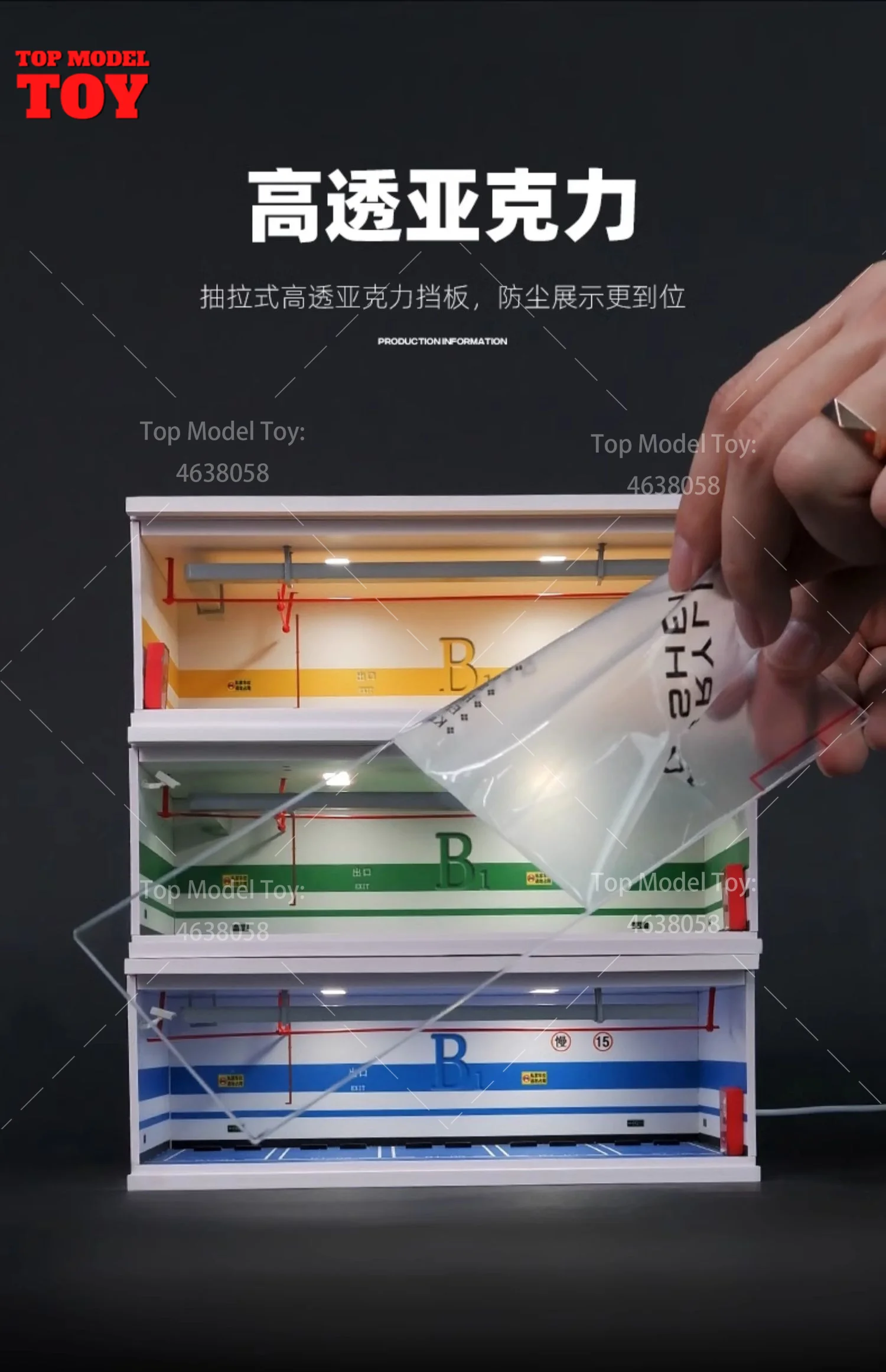 1/64 Scale Simulate Miniature Scene Parking Lot Garage Scene Model with Light Storage Display Box Mini House Props for Fans