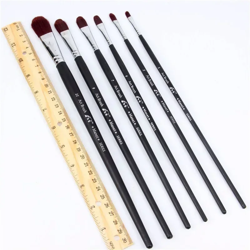6pcs/Set burgundy red Nail shape nylon hair brushes matte Black long  wood rod Watercolor Gouache painting acrylic painting pen