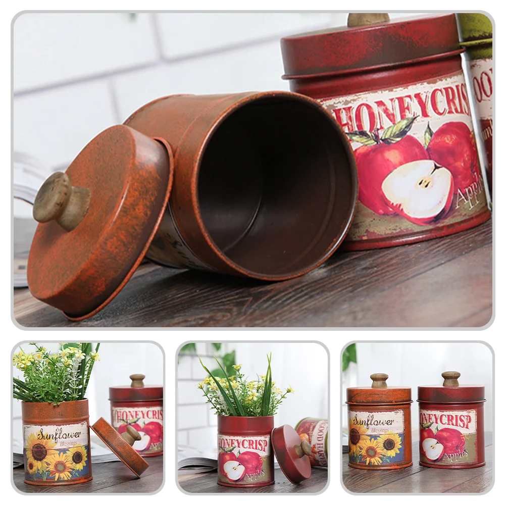 2 Pcs Vintage Storage with Lid Iron Flower Container Creative Candy Trash Outdoor Canister Desktop Pot Office Cookie Jars