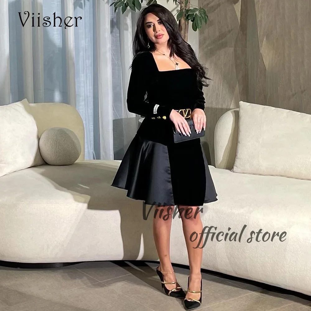 

Viisher Black Velvet Short Prom Dresses Long Sleeve Square Neck Arabic Evening Dress Outfits Knee Length Formal Prom Gowns