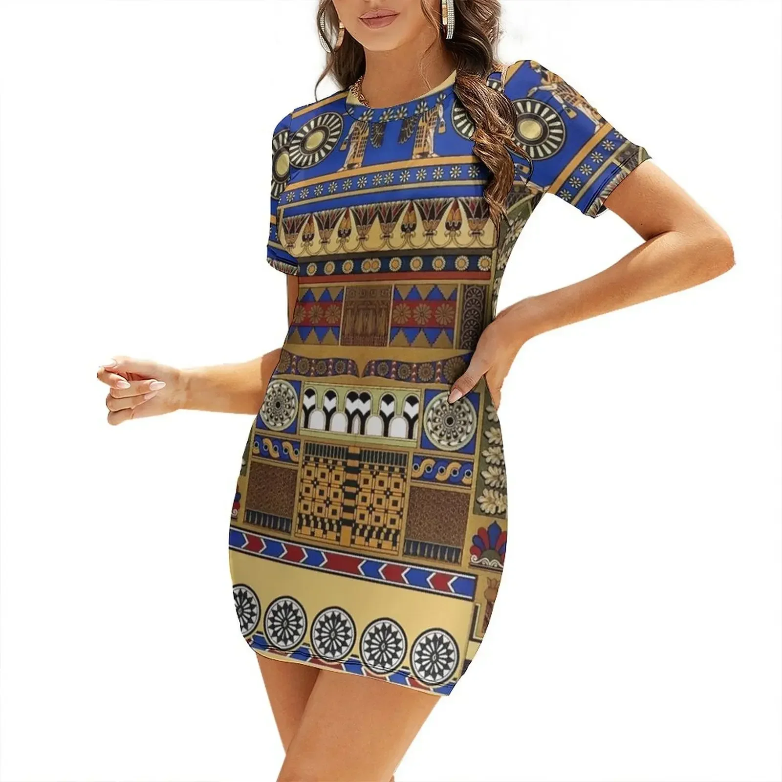 

Ancient Assyrian Art Short-Sleeved Dress birthday dress luxury women's party dress evening prom women's elegant loose dresses