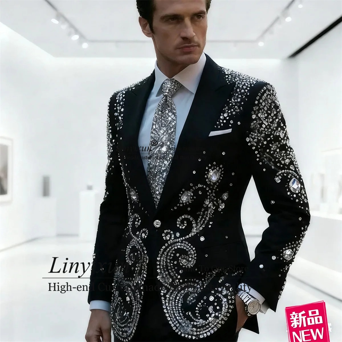 

Высококачественные мужские костюмы с бриллиантовым орнаментом, индивидуальные облегающие свадебные смокинги, мужские пиджаки с остроконечными лацканами, комплект из 2 предметов, Ropa hombre