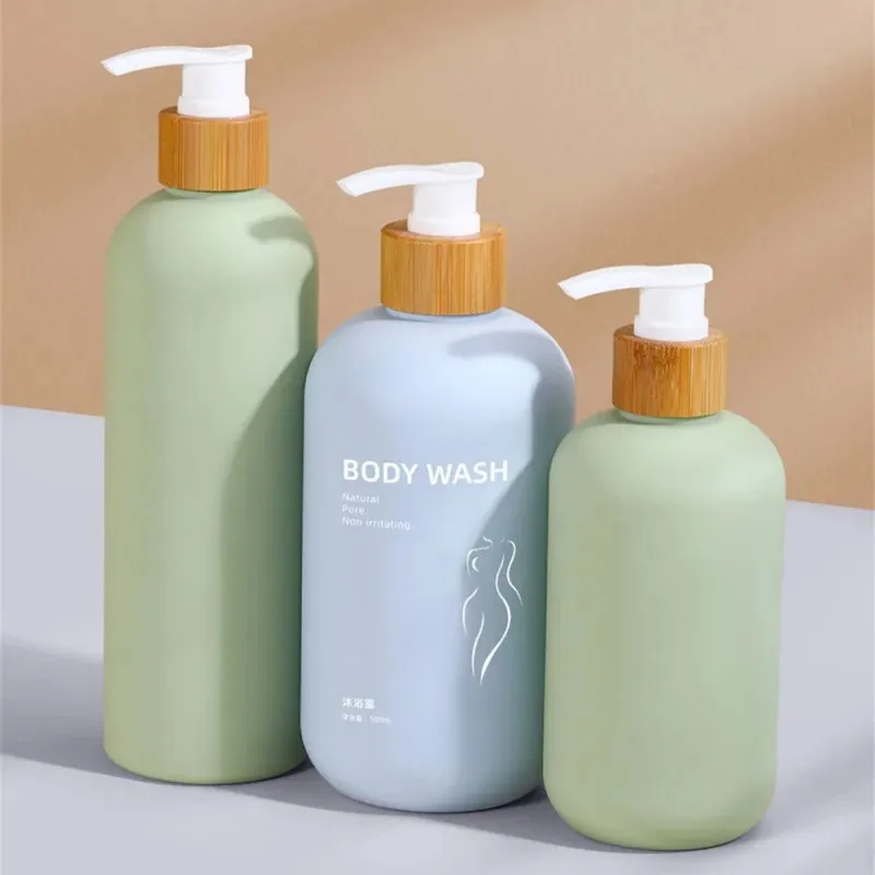 200/260/300/500ml Avocado Green Lotion Bottle With Bamboo Pump Shower Gel Body Wash Bathroom Soap Dispenser Cosmetic Container