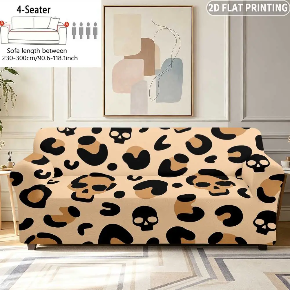 1pc Elastic Sofa Cover Leopard Print With Skulls On Beige Background,  Single/Double/Three/Four-Person/Sleeper Sofa Halloween