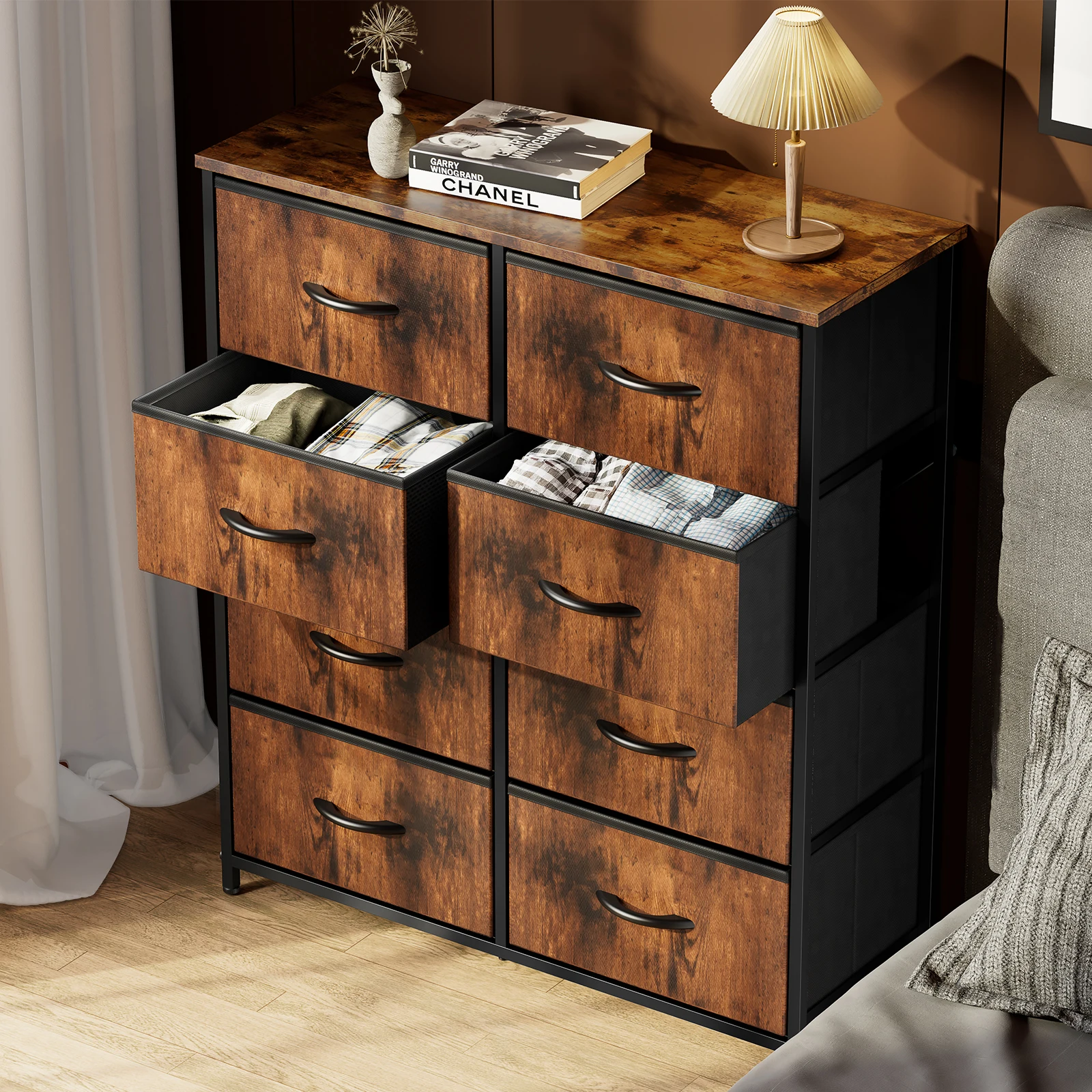 

Chest of Drawers with 8 Drawers, Wood Top and Sturdy Steel Frame, Storage Cabinet for Bedroom, Closet, Entryway