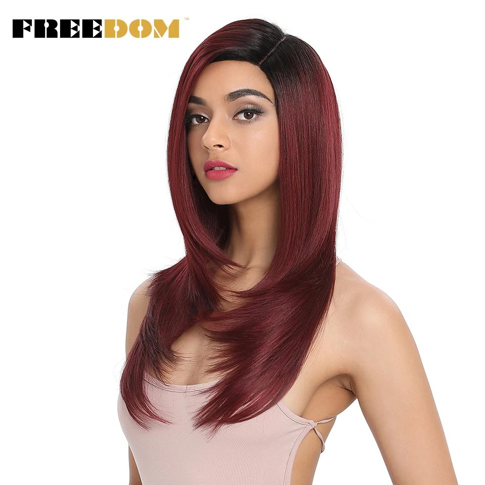 FREEDOM Synthetic Lace Wigs For Black Women 24 Inch Long Straight Wig Ombre Black Pink Red Cosplay Wig Heat Resistant Hair