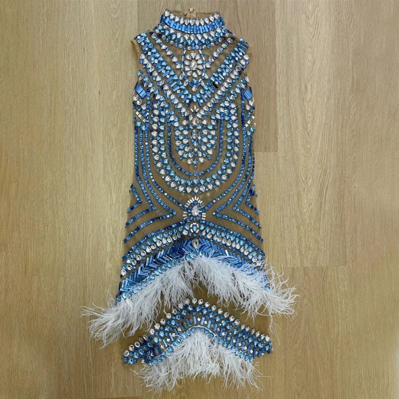 Robe de soirée pour femmes, strass colorés, plumes, robe de célébration d'anniversaire, robes de soirée, Costume de Festival, tenue XS6637