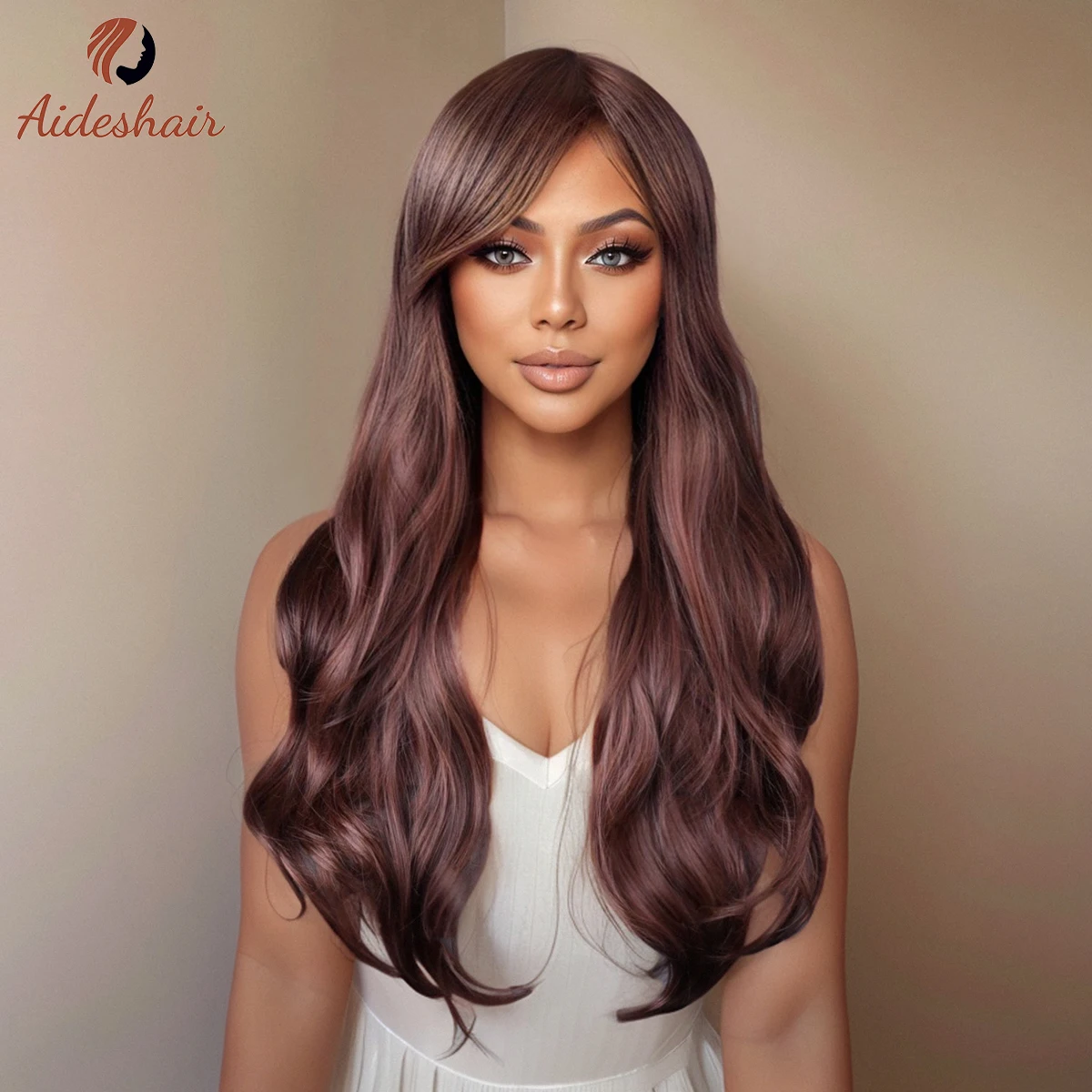 Coffee brown diagonal fringe wig Large wave curly wig for women heat resistant fiber synthetic wig for daily Cosplay